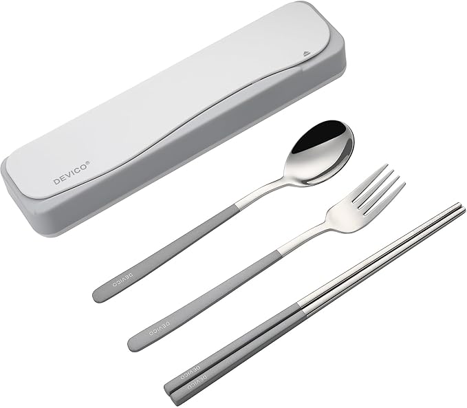 DEVICO Travel Utensils With Case, 18/8 Stainless Steel Camping Utensils, Reusable Portable Silverware Cutlery Set For Lunch Box, Include Fork Spoon Chopsticks