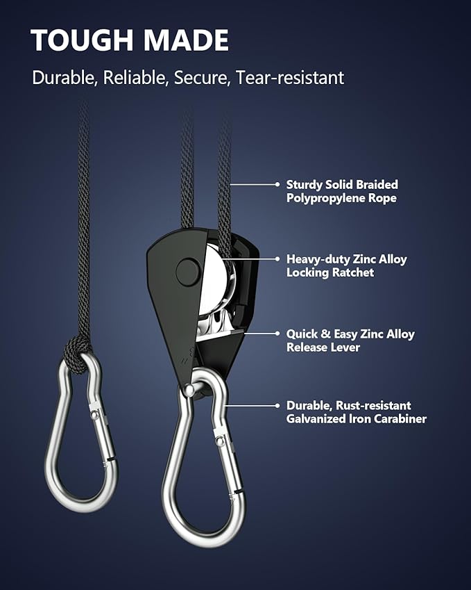 VIPARSPECTRA Retractable Heavy Duty Ratchet Tie Down Straps [12 Pack, 8ft, 75lbs/Pack], Rope Pulley System with Carabiner Hook Rope Adjuster for Hanging Plants/Grow Light/Tents Various Tie-Down Uses