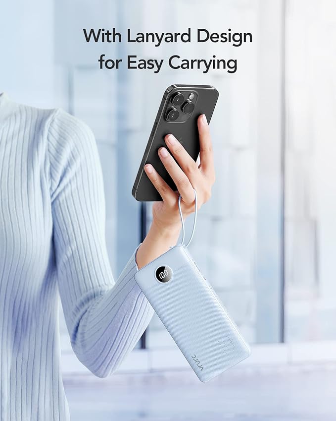 VRURC 10000mAh Power Bank Built-in Cables, Portable Charger with LED Display, Slim Travel Battery Pack with Cords, 5 Output Dual Input Phone Charger for Cell Phone Smart Devcies-Blue(1 Pack)