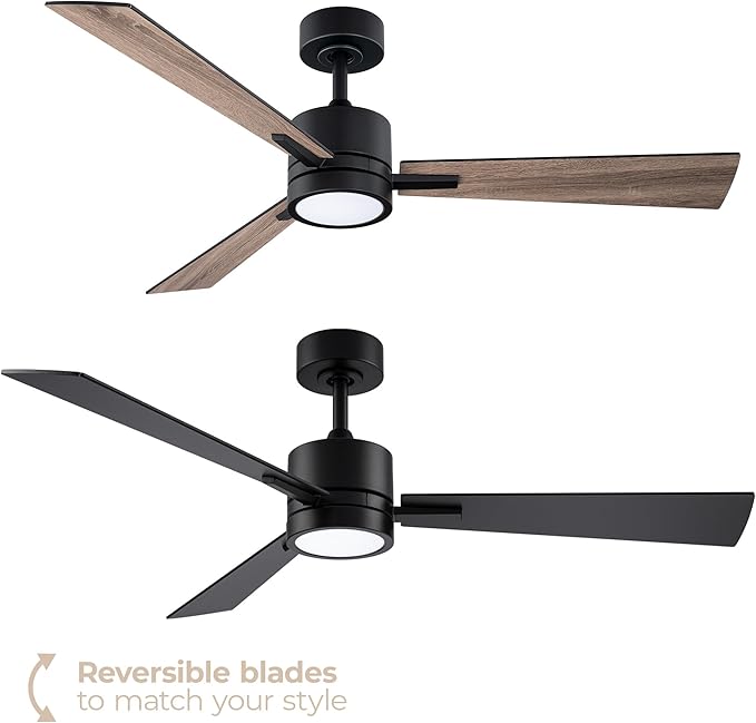 Bali Smart 3-Blade 52in Ceiling Fan 2700K-6000K CCT Selectable LED Light Kit with Remote Control and Black Hardware with Reversible Blades in Weathered Wood or Black Works With iOS or Android App