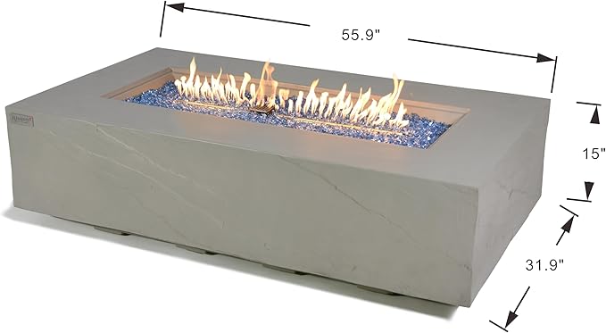 Elementi+ | Meteora Gas Fire Pit Cast Concrete 56" Rectangular Fire Table, Outdoor Fire Pit Electronic Ignition | Canvas Cover, Fire Glass and Burner Lid Included | Light Gray | Natural Gas