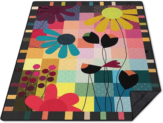 Abstract Floral Picnic Blankets Waterproof Foldable, 80″X80″ Thick Three Layer Picnic Mat Outdoor Blanket for Grass, Large Beach Blanket Sandproof Picnic Accessories for Camping Park Hiking