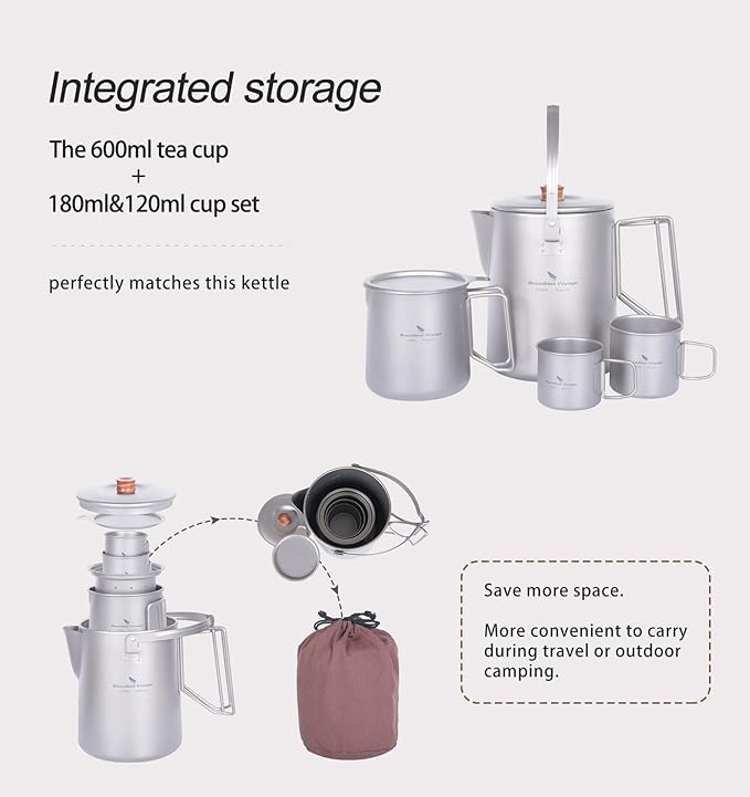 Boundless Voyage Titanium Camping Coffee Pot 1500ml Barista Kettle for Making Coffee, Boiling Water - Outdoor Traveling Campfire Stovetop Fast Brew (Kettle+3 Cups Set)