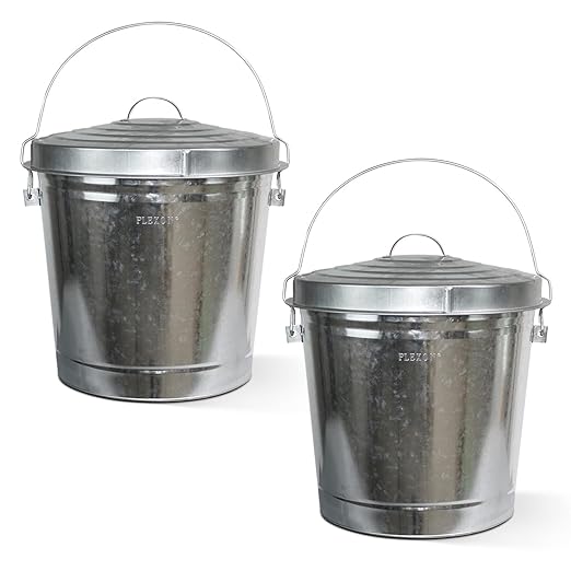 Plexon Metal Trash Can with Locking Lid Outdoor Storage Bucket for Bird Seed Ash Galvanized Steel 10-Gallon 2 Pack