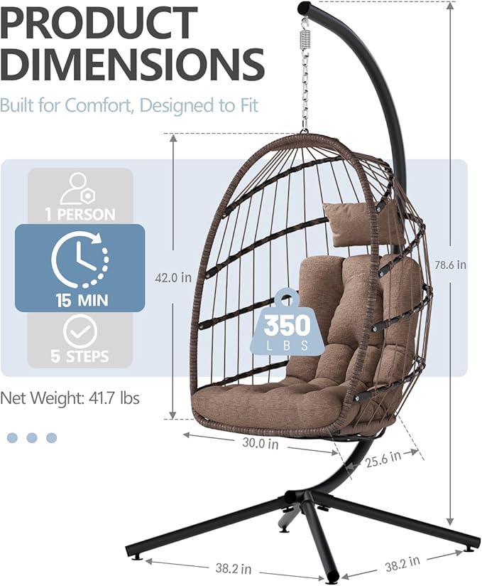 SWITTE Egg Chair Outdoor with Stand, Indoor Wicker Hanging Egg Swing Chair with Cushion, 350lbs Capacity for Patio, Bedroom, Garden - Brown