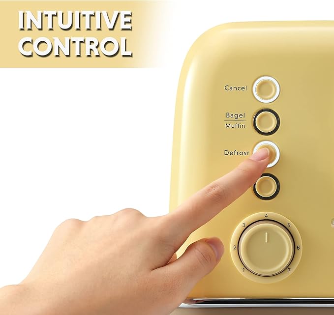 BUYDEEM DT620 2-Slice Toaster, Extra Wide Slots, Retro Stainless Steel with High Lift Lever, Bagel and Muffin Function, Removal Crumb Tray, 7-Shade Settings,Mellow Yellow