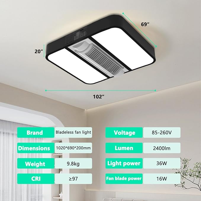 18" Bladeless Ceiling Fan with Light and Remote, LED Low Profile Flush Mount Ceiling Fan with 6 Speed Dimmable, 3000-6000K, Enclosed Modern Ceiling Fans for Bedroom Living Room (Square)