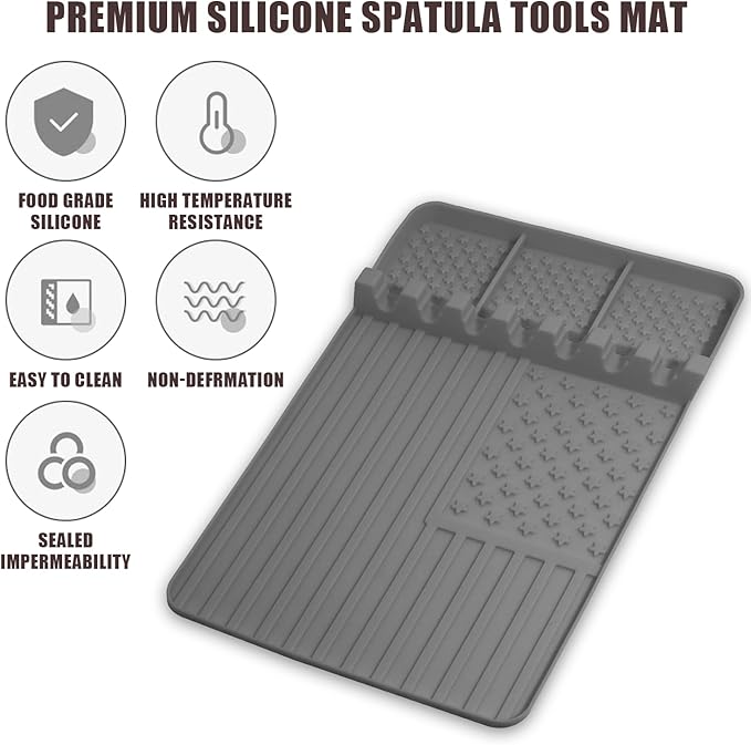2 PCS Silicone Griddle Tools Mat for Blackstone,Grill BBQ Caddy Utensils Holder for Kitchen,Cooking & Countertop,Large Spatula Mat with Drip Pad,Griddle Accessories for Blackstone (Grey-2)