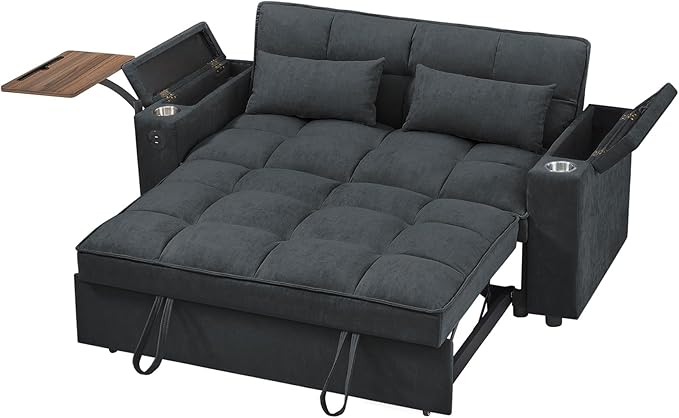 65'' 3-in-1 Folding Convertible Sofa Bed, Pullout Sofa, Modern Chenille Fabric, 360° Swivel Side Table, Easy Assembly, Perfect for Living Room, Grey