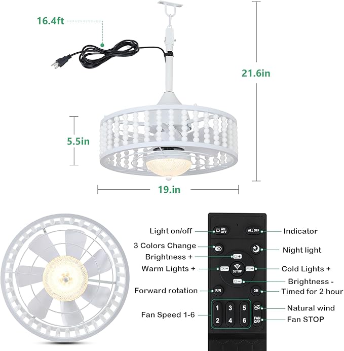 Outdoor Ceiling Fans with Lights and Remote, Waterproof LED Dimmable Ceiling Fan, Reversible, 3CCT, 6 Wind Speeds, White Plug in Ceiling Fan, Farmhouse Boho Hanging Gazebo Fan for Patios Porch Indoor