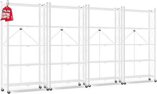 ALANNG 70.7" H Metal Storage Shelves, 5 Tier Folding Shelf on Wheels, Heavy Duty, No Assembly, Rolling, Collapsible Rack Unit for Kitchen, Basement, Pantry (White,4 Pack)