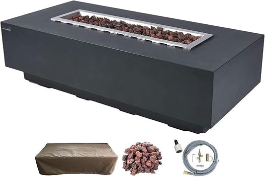 Elementi | Granville Gas Fire Pit Cast Concrete 60" Rectangular Fire Table, Outdoor Fire Pit Electronic Ignition | Canvas Cover, Lava Rock Included | Dark Gray (Natural Gas)