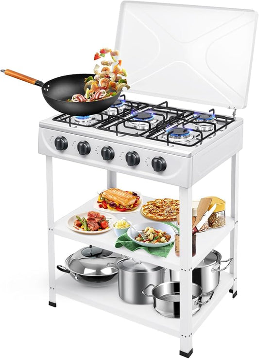 5-Burner Natural Gas Stove, Outdoor Camping Grill Stove, Portable Floor Standing Cooktop Cooker with Storage Stand and Wind Blocking Cover, Manual Ignition for Outdoor RV (White)