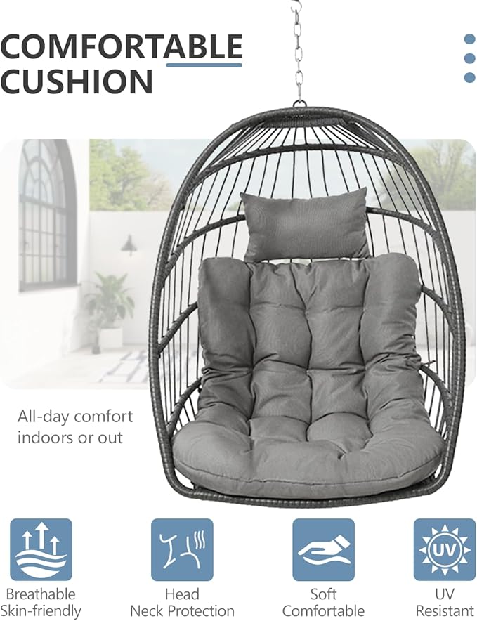 SWITTE Egg Chair Outdoor with Stand, Indoor Wicker Hanging Egg Swing Chair with Cushion, 350lbs Capacity for Patio, Bedroom, Garden - Light Grey