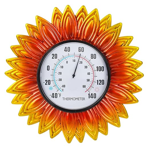 Sunflower Outdoor Thermometer, 12" Metal Wall Themometer, No Need Battery Indoor Thermometer with Large Number Easy to Read for Patio Room Decor