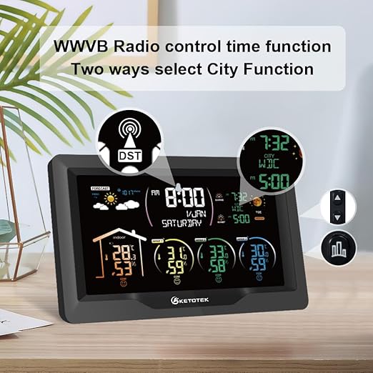Wireless Radio Weather Station with 3 Outdoor Sensors Indoor Outdoor LCD Digital Thermometer Hygrometer Barometer with WWVB,Alarm Clock,Weather Forecast,Moon Phase,Sunrise and Sunset Time