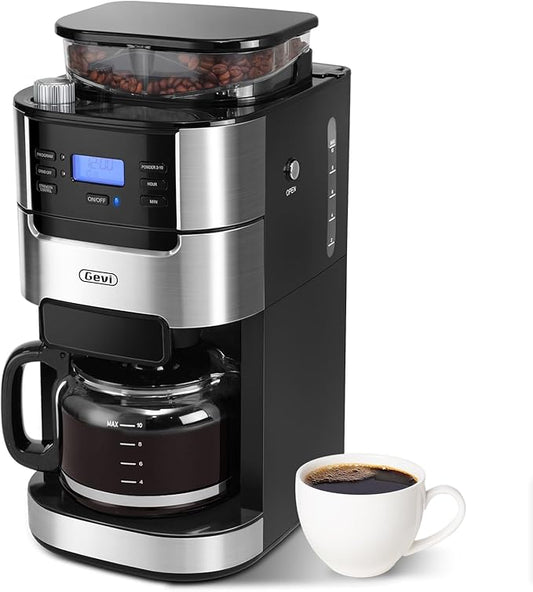 Gevi 10-Cup Drip Coffee Maker with Built-in Burr Grinder & Programmable Timer, 1.5L Water Tank, Auto Keep-Warm, Reusable Filter - Fresh Ground Coffee Machine (Black)