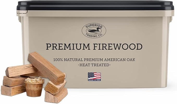 Superior Trading Oak Mini Fire Wood w/Fire Starter Pods, Winter Fireplace Starter, Wood Stove, USDA Cert 4-5??Kiln Dried Firewood, USA Made, 10-11 lbs in Plastic Storage Box