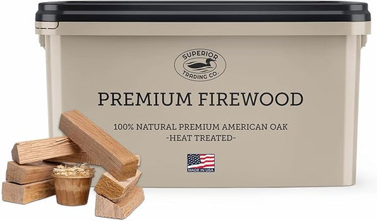 Superior Trading Oak Mini Fire Wood w/Fire Starter Pods, Winter Fireplace Starter, Wood Stove, USDA Cert 4-5??Kiln Dried Firewood, USA Made, 10-11 lbs in Plastic Storage Box