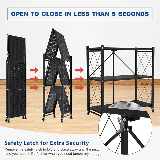 3-Tier Foldable Storage Shelf with Wheels - Metal Rack Collapsible Shelving Unit Display, Rolling Cart for Books Kitchen Storage Shelves, Pantry & Closet Organizer, Office Room Decor