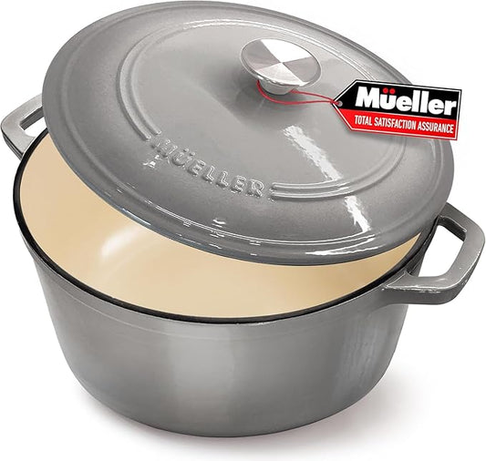 MÜELLERHOME 7.5 QT Enameled Cast Iron Dutch Oven, Heavy-Duty, Oven-Safe up to 500° F & Across All Cooktops, Casserole Dish and Braiser Pan with Lid and Stainless Knob, Grey