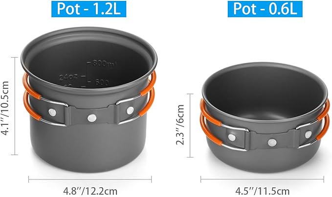 Odoland 6pcs Camping Cookware Mess Kit with Lightweight Pot, Stove, Spork and Carry Mesh Bag, Great for Backpacking Outdoor Camping Hiking and Picnic