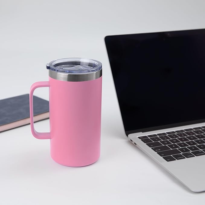 DOMICARE 24oz Mug with Handle and Lid, Stainless Steel Coffee Mug, Reusable Insulated Cup, Travel Mug with Handle, Double Wall Vacuum Coffee Tumbler for Men and Women, Pink, Pack 1