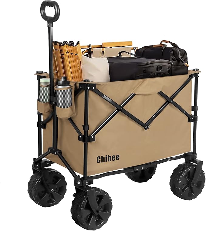 Chihee Folding Wagon Cart Garden Cart Heavy-Duty with 2 Cup Holders,Camp Cart for All-Terrain Wheels with Braking System Large Capacity Removable Fabric,for Sporting Events,Camping,Beach Trips