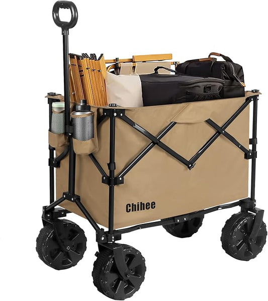 Chihee Folding Wagon Cart Garden Cart Heavy-Duty with 2 Cup Holders,Camp Cart for All-Terrain Wheels with Braking System Large Capacity Removable Fabric,for Sporting Events,Camping,Beach Trips