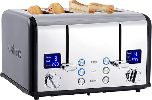 CUSIMAX 4 Slice Toaster, Stainless Steel, Ultra-Clear LED Display & Extra Wide Slots, with Dual Control Panels of 6 Shade Settings, Cancel/Bagel/Defrost Function, Removable Crumb Trays, Black
