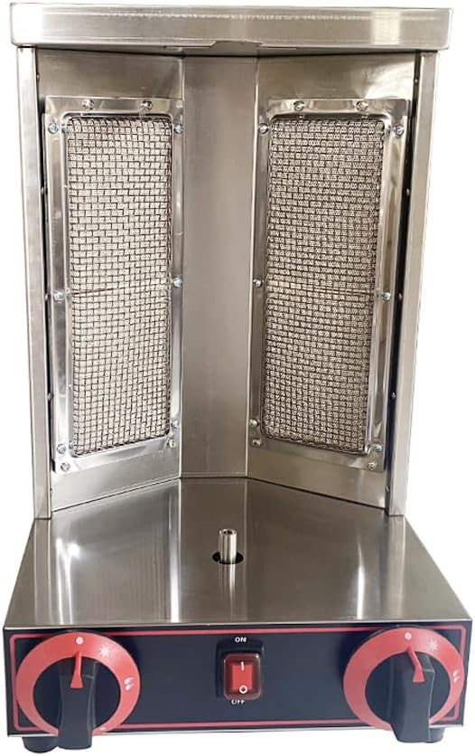 Shawarma Grill Machine LP Gas Gyro Grill Oven Vertical Broiler Rotating Doner Kebab Machine Countertop Rotisserie with 2 Burners for Home Kitchen Adjustable Tempereture