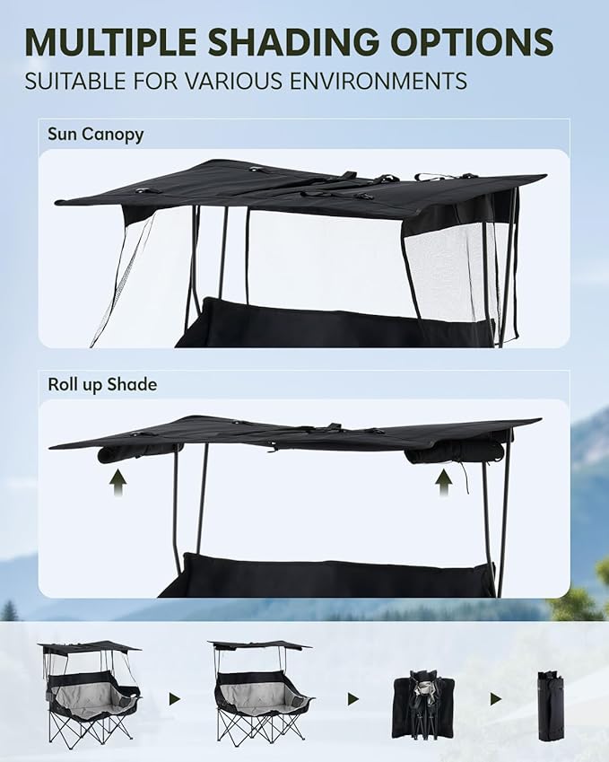 CLIPOP Double Camping Chair with Canopy, Portable Outdoor Folding Chair with Cup Holders, Side Pocket, Oversized Beach Chair with Canopy Shade for Lawn Patio Hiking, Black