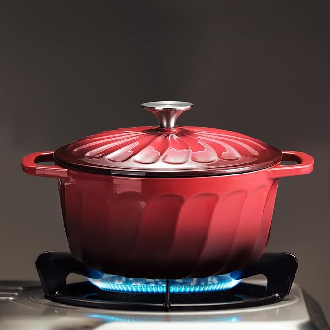 Enameled Cast Iron Dutch Oven with Lid, 3 QT Dutch Oven Pot for Bread Baking, Heavy Duty Cast Iron Pot for Braising, Cook, Bake, Oven Safe across All Cooktops (Gradient Red,3 QT)