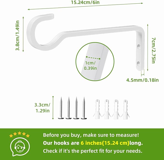 6 Inch 2 Pack Heavy Duty Outdoor Plant Hangers for Hanging Baskets, Iron Hanging Plant Brackets, Metal Plant Wall Hooks for Lantern, Bird Feeder, Windchime, White