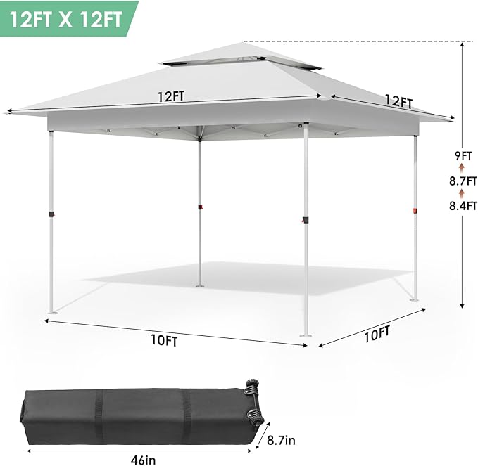 TLSUNNY 12X12 Pop Up Canopy Tent, Camping Shader W/Overhanging Eaves & Sand Bag, Outdoor Gazebo Shelter W/One Push Setup & Wheeled Bag, Height Adjustable, for Patio, Market, Party (White, 12FTX12FT)