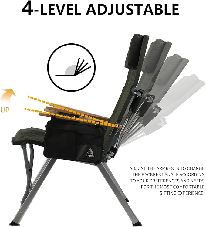 Reclining Camping Chair 2 Pack, Folding Lawn Chairs with 4-Stage Adjustable High Back for Adults Heavy Duty, Compact Foldable Outdoor Patio Recliner Chair with Side Bag(Green)