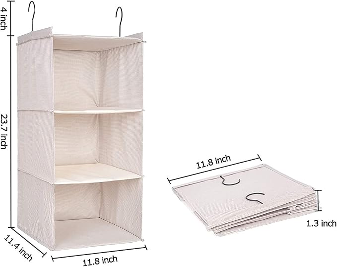 Hanging Closet Organizer, Easy Mount Foldable 3-Shelf Hanging Closet Wardrobe Storage Shelves, Clothes Handbag Shoes Accessories Storage, Imitation Linen Fabric, Beige Houndstooth