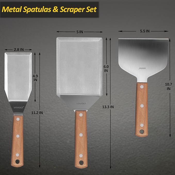 Stainless Steel Metal Spatula Set For Griddle, Grill Spatula Scraper for BBQ/Flat Top Grill- Full Tang Handle -Thicked Blade- Beveled Edges, Great Griddle Accessories for Pancake/Smash Burgers