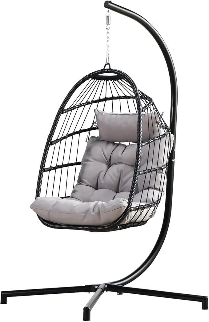 PRIVATE GARDEN Indoor Outdoor Hanging Egg Swing Chair with Stand Wicker Hammock Chairs with Folding Aluminum Frame Grey Water-Repellent Cushion for Patio Bedroom Balcony 330lbs Capacity