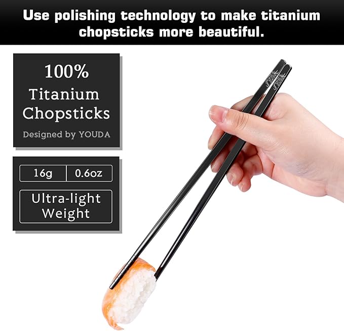 Youda Pure TITANIUM Chopsticks Ultralight and Reusable Chopsticks for Camping, Home, Travel (2 Pairs)