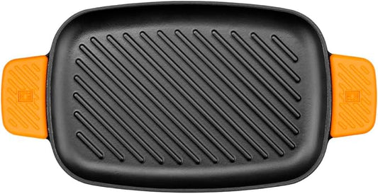 BRA COOKWARE Efficient Iron Rectangular Ribbed Grill | 13 inches x 8.7 inches Cast Iron Rectangular Griddle | All Heat Sources Compatible | PFOA Free | W/o Non-Stick | Silicon Handle | Non Deformable