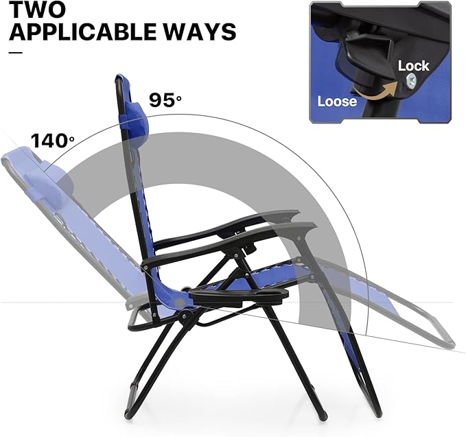 MoNiBloom 3 Pack Lounge Beach Chairs for Outside, Zero Gravity Camping Chairs with Side Table, Pillow and Tray, 330lbs Capacity, Blue