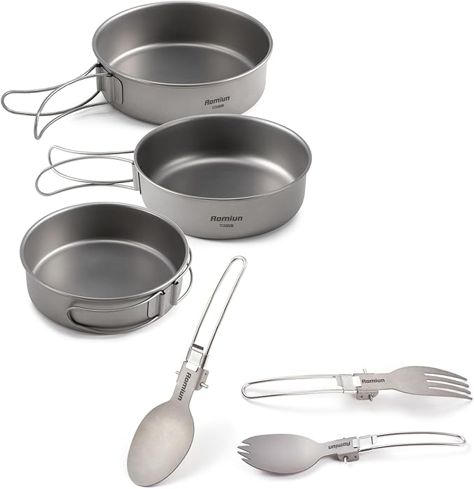 Titanium Camping Bowls and Utensils Set, Lightweight Portable Titanium Plates with Folding Handle & Forks Spoons Travel Cutlery Dinnerware for Outdoor Camping Backpacking Hiking Picnic