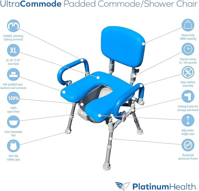 Platinum Health UltraCommode™ Foldable Commode and Shower Chair, Soft, Warm, Portable XL Toilet Seat with Open Front, Padded Pivoting Armrests, Adjustable Height, Includes Free Commode Pail, Blue