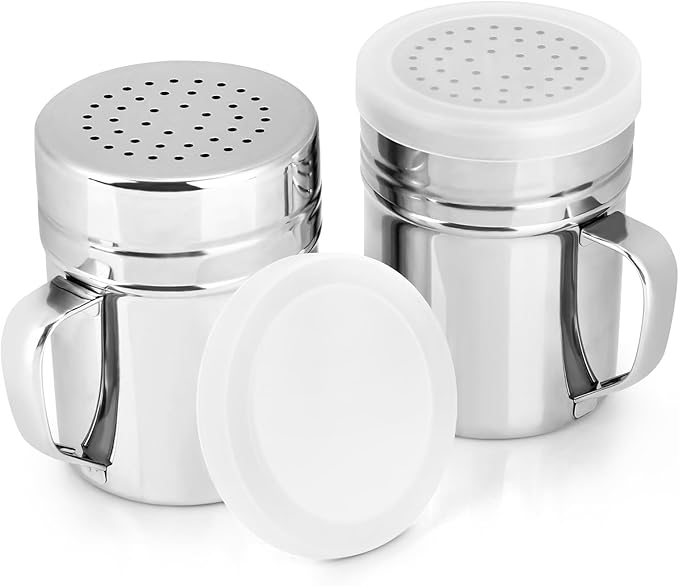 Accmor 2pcs Stainless Steel Dredge, Salt Pepper Dredge Shakers with Handle, Seasonings Spice Shakers with Lid, 10 Ounce
