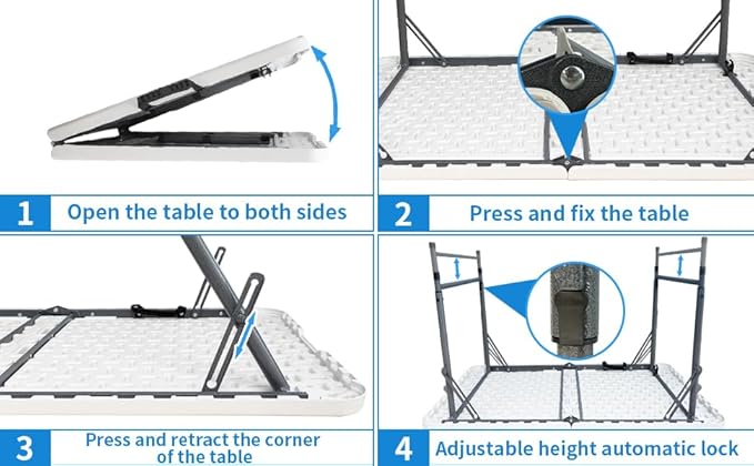 Gocamptoo Folding Table,4ft Indoor Outdoor Heavy Duty Portable Folding Square Plastic Dining Table w/Handle, Lock for Picnic, Party, Camping (4 FT)-White