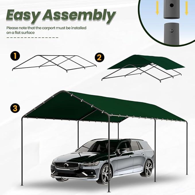 Carport, 10‘ x 20’ Heavy Duty Portable Garage All-Season Car Canopy w/Removable Sidewall & Doors, Carport Canopy Party Tent w/Water-Resistant Tarp for Backyard (Green, 10' x 20' /no Side)