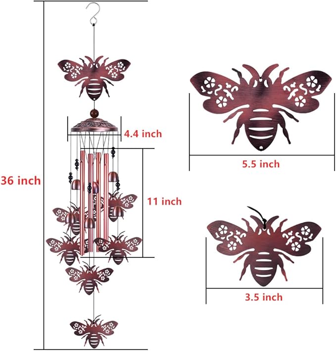 Outdoor Bee Wind Chimes Gifts for Mom - with 4 Tubes 6 Bells 7 Bees Wind Bells, Mobile Wind Catcher, Romantic Bee Decor, Bee Bells, Bees Windchimes for Home, Balcony, Tree, Festival, Garden Decoration
