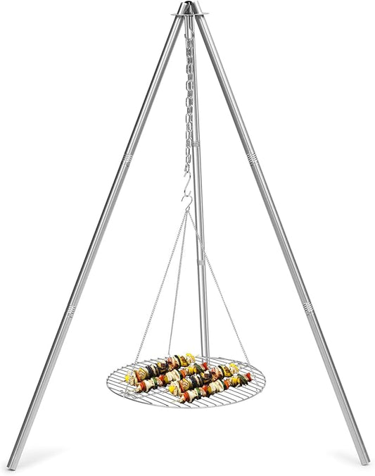 HaSteeL Camping Tripod for Outdoor, Adjustable Portable Cooking Tripod with 17”Folding Grill Grate, Stainless Steel Campfire Grill Stand Hanger for Dutch Oven Hunting Beach BBQ Fire Pit, Easy Assemble