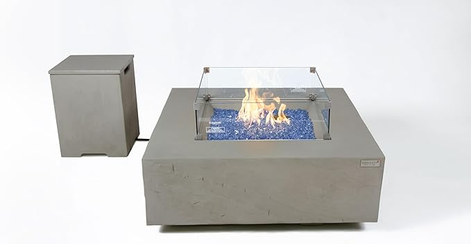 Elementi+ | Bundle Capertee Gas Fire Pit Cast Concrete 40" Square Fire Table, Outdoor Fire Pit Electronic Ignition | Canvas Cover, Fire Glass and Burner Lid Included | Light Gray | Propane Gas